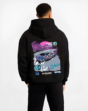 Black hoodie worn by a male model, back view, featuring SILVIA racing drift jdm japanese street retro performance graphic.