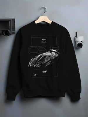 Black crewneck sweatshirt on a hanger against a grey wall, featuring Chevrolet Corvette C6 corvette racing muscle street graphic.