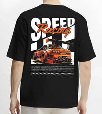 Black T-shirt worn by a male model, back view, featuring rs racing drift motorsport jdm japanese street speed graphic.