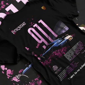 Black T-shirt laid flat with natural fabric folds, featuring Porsche 911 Turbo rs 911 turbo racing classic street graphic.