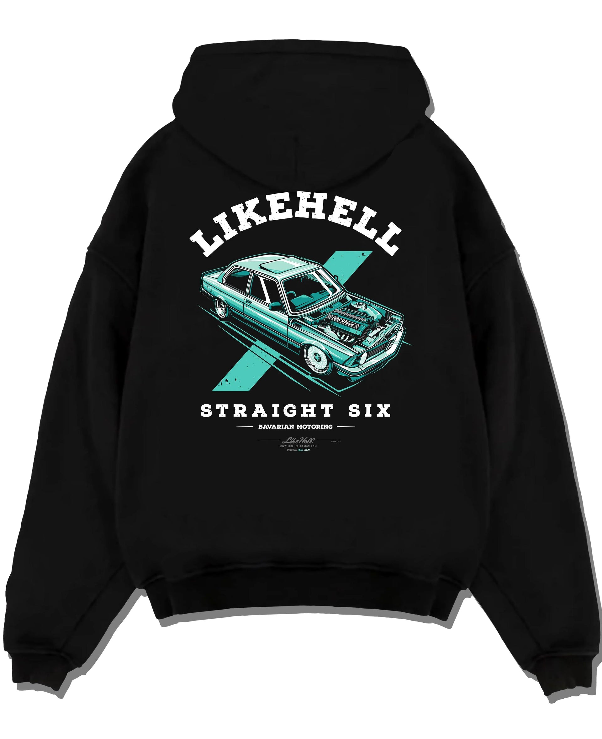 Black pullover hoodie laid flat on a white background, featuring BMW racing drift tuner street enthusiast performance graphic.