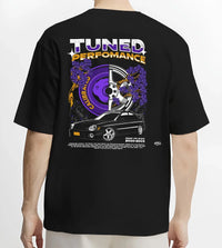 Black T-shirt worn by a male model, back view, featuring Subaru WRX rally legend racing street performance motorsport graphic.