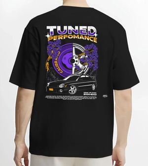 Black T-shirt worn by a male model, back view, featuring Subaru WRX rally legend racing street performance motorsport graphic.