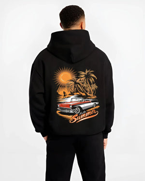 Black hoodie worn by a male model, back view, featuring retro vintage classic racing street performance motorsport graphic.