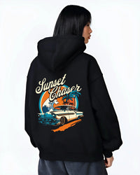 Black hoodie worn by a female model, back view, featuring Chevrolet classic racing street performance motorsport automotive graphic.