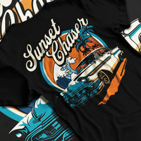 Black T-shirt laid flat with natural fabric folds, featuring Chevrolet classic racing street performance motorsport graphic.