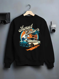 Black crewneck sweatshirt on a hanger against a grey wall, featuring Chevrolet classic racing street performance motorsport graphic.