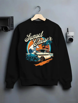 Black crewneck sweatshirt on a hanger against a grey wall, featuring Chevrolet classic racing street performance motorsport graphic.