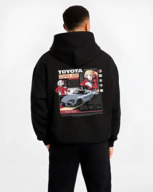 Black hoodie worn by a male model, back view, featuring Toyota Supra A90 supra turbo racing jdm street performance graphic.