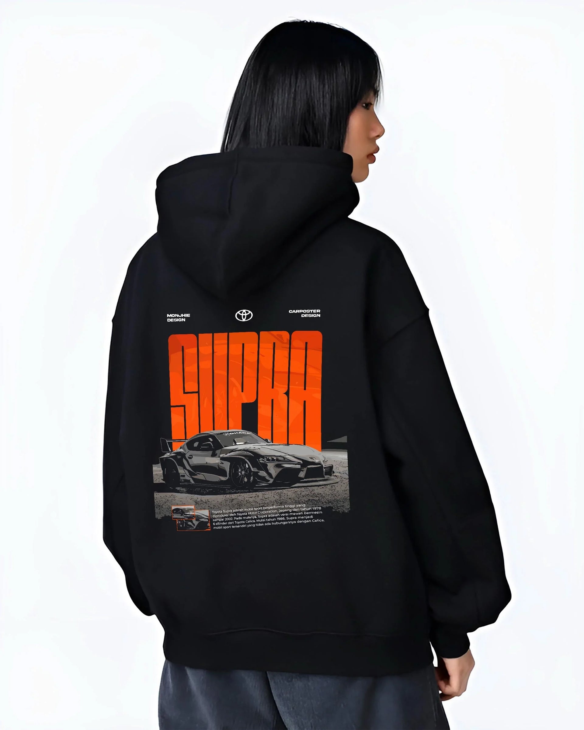 Black hoodie worn by a female model, back view, featuring Toyota Supra turbo racing drift jdm japanese tuner street graphic.