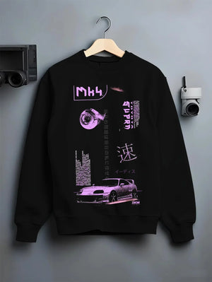 Black crewneck sweatshirt on a hanger against a grey wall, featuring Toyota Supra MK4 supra turbo racing drift jdm japanese graphic.