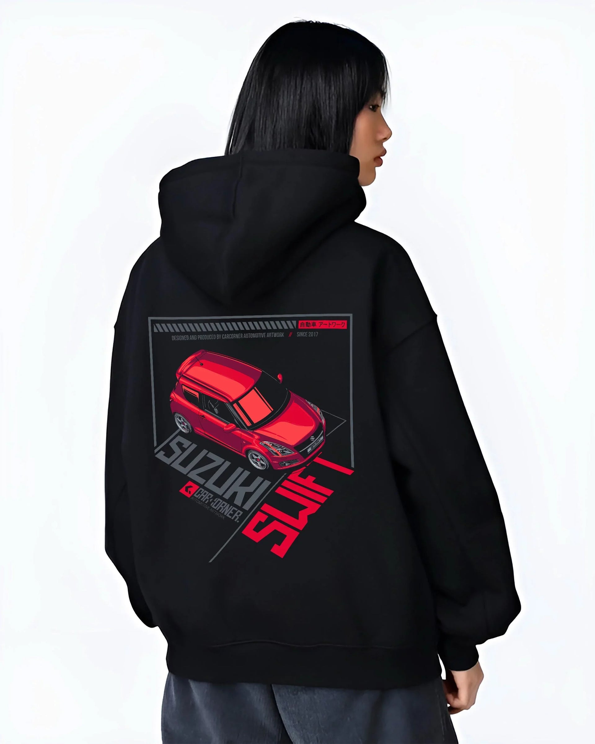 Black hoodie worn by a female model, back view, featuring Suzuki SWIFT turbo turbocharged racing jdm japanese tuner street graphic.