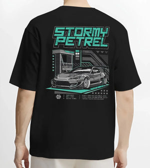 Black T-shirt worn by a male model, back view, featuring Toyota racing drift jdm tuner stance widebody street graphic.