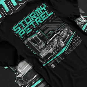 Black T-shirt laid flat with natural fabric folds, featuring Toyota racing drift jdm tuner stance widebody street graphic.