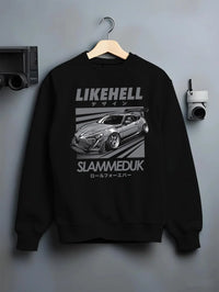 Black crewneck sweatshirt on a hanger against a grey wall, featuring Toyota 86 drift slammed street racing performance graphic.