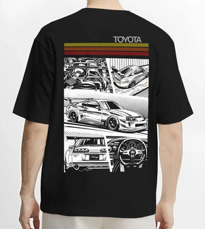 Black T-shirt worn by a male model, back view, featuring Toyota Supra rs racing jdm tuner street vintage enthusiast graphic.