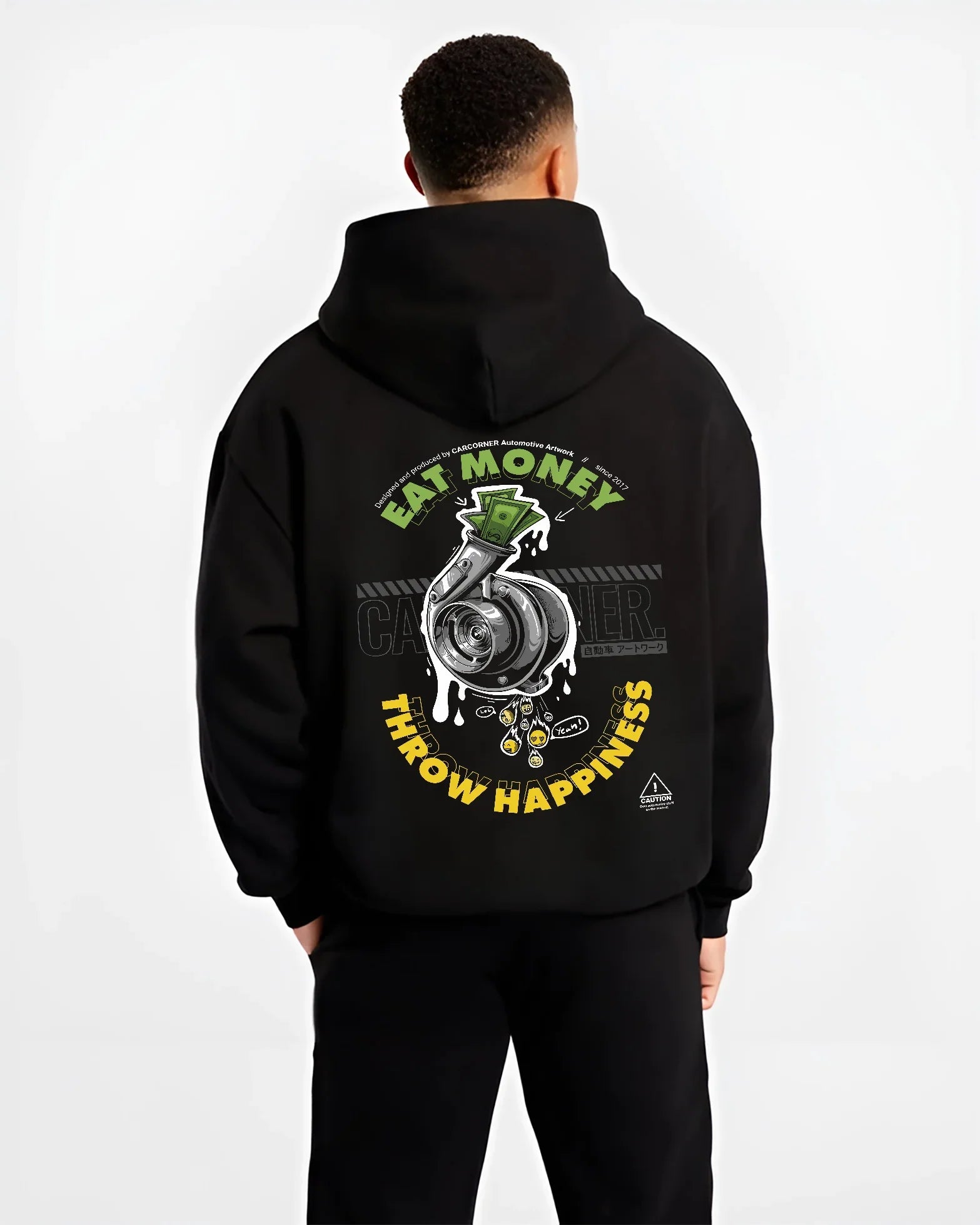 Black hoodie worn by a male model, back view, featuring turbo boost racing jdm tuning street performance motorsport graphic.