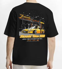 Black T-shirt worn by a male model, back view, featuring Honda rs type r racing motorsport jdm street performance graphic.