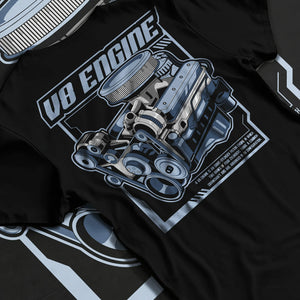 Black T-shirt laid flat with natural fabric folds, featuring rs v8 muscle street racing performance motorsport automotive graphic.