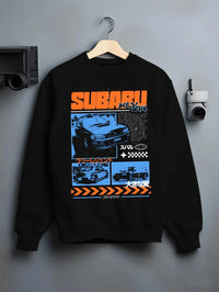 Black crewneck sweatshirt on a hanger against a grey wall, featuring Subaru WRX STI sti wrx turbo racing drift rally jdm graphic.