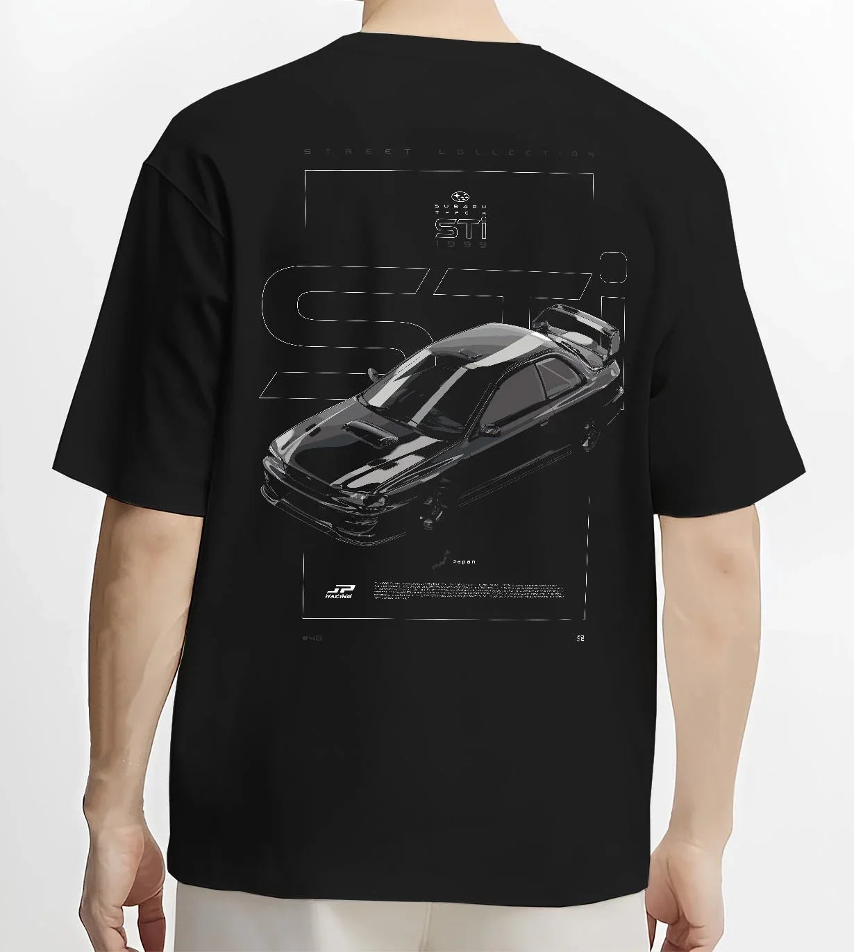 Black T-shirt worn by a male model, back view, featuring SUBARU WRX type r sti drift rally jdm japanese street retro graphic.