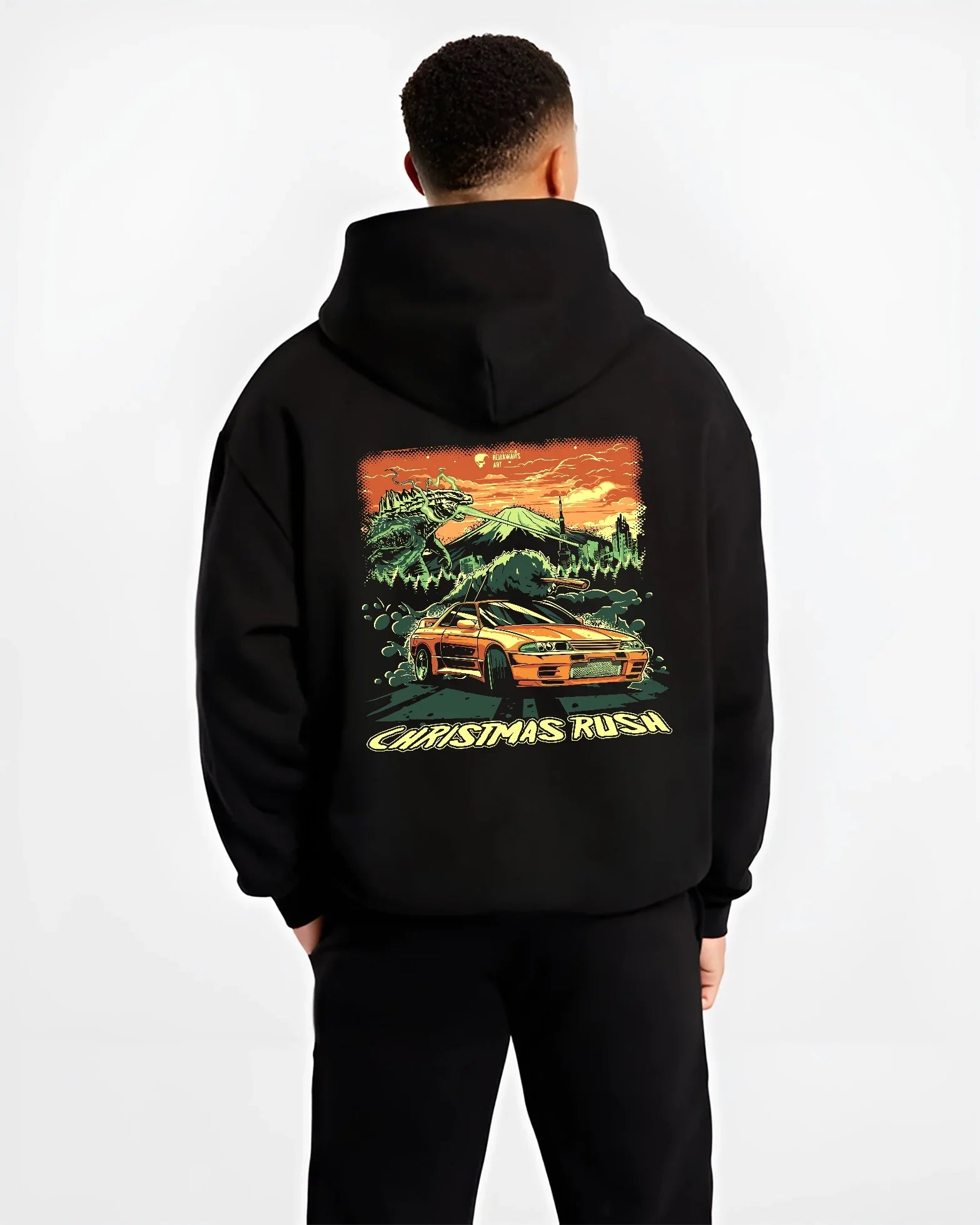 Black hoodie worn by a male model, back view, featuring SKYLINE r32 drift jdm street monster racing performance graphic.