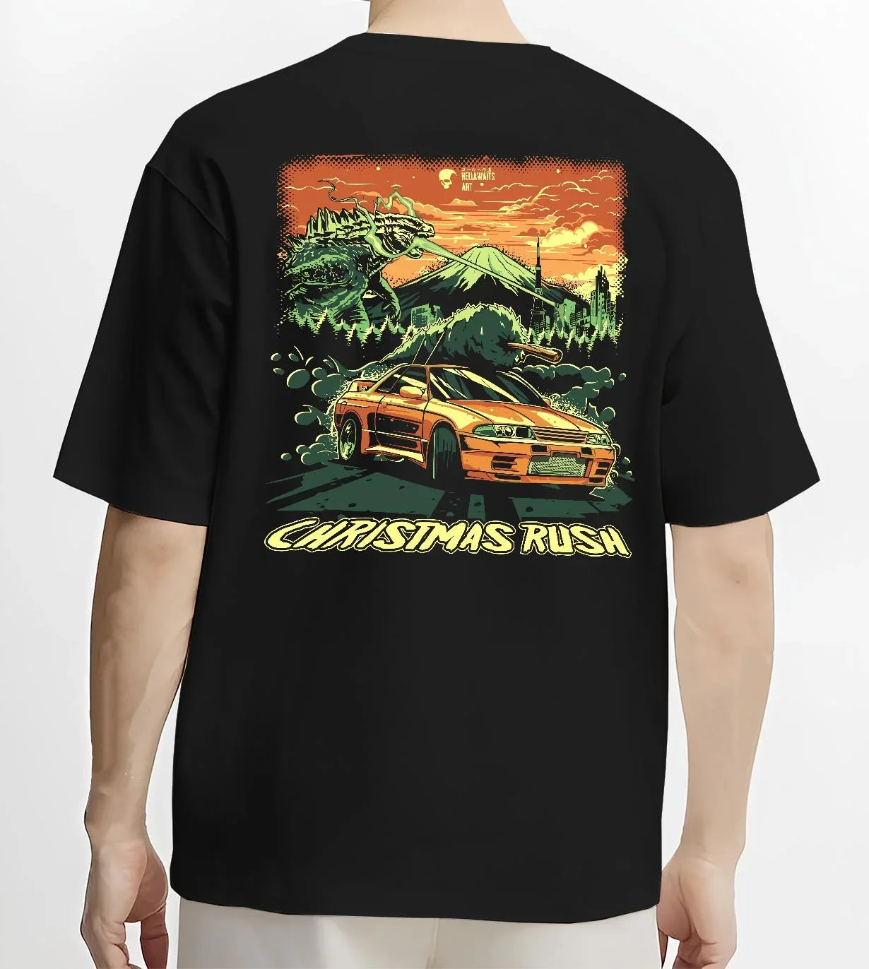 Black T-shirt worn by a male model, back view, featuring SKYLINE r32 drift jdm street monster racing performance graphic.