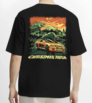 Black T-shirt worn by a male model, back view, featuring SKYLINE r32 drift jdm street monster racing performance graphic.