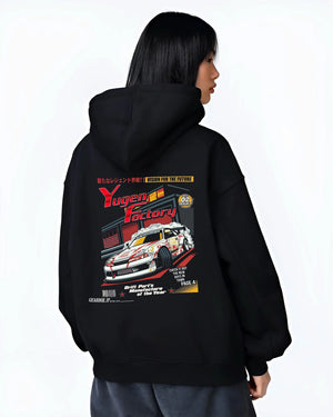 Black hoodie worn by a female model, back view, featuring rs racing drift motorsport jdm street legend enthusiast graphic.
