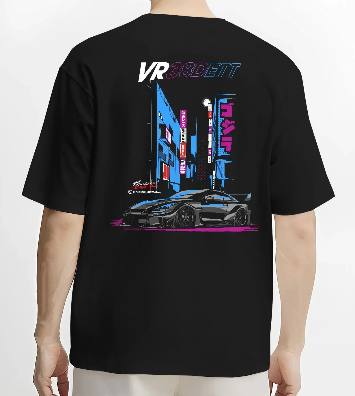 Black T-shirt worn by a male model, back view, featuring Nissan 370Z turbo turbocharged racing drift jdm japanese street graphic.